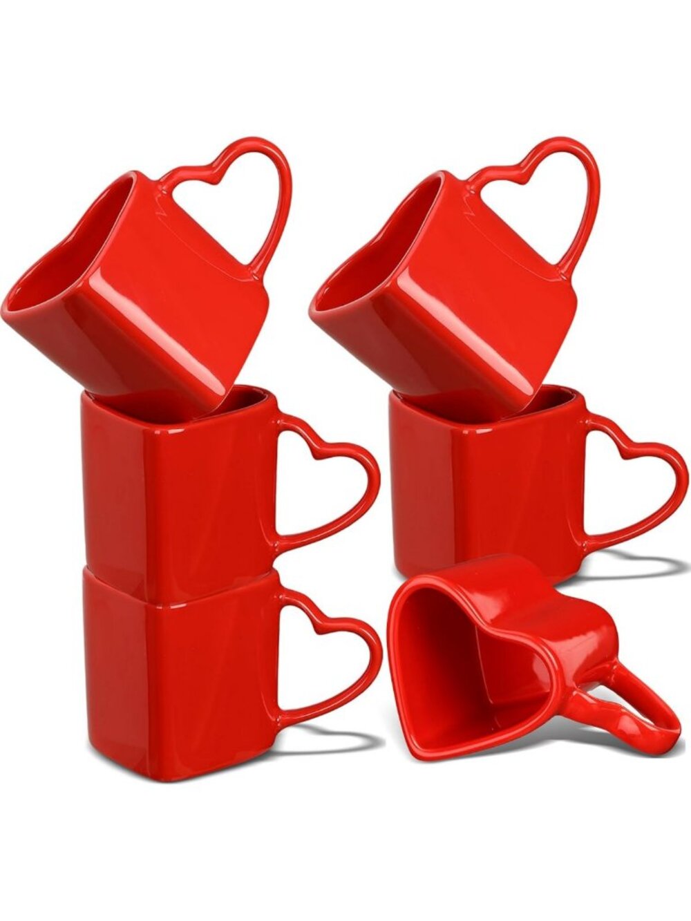 Set of 6 Heart-Shaped Ceramic Mugs - Red Coffee Cups for Valentine's Day Gift